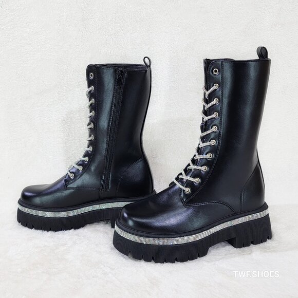 Combat Sparkle Mid Calf Rhinstone Platform & Laces Biker Glam Boots Black Vegan - Picture 1 of 11